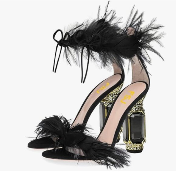FSJ Black Feather Open Toe Ankle Strap Crystal High Heels Wedding Stylish Sandal - Picture 1 of 9